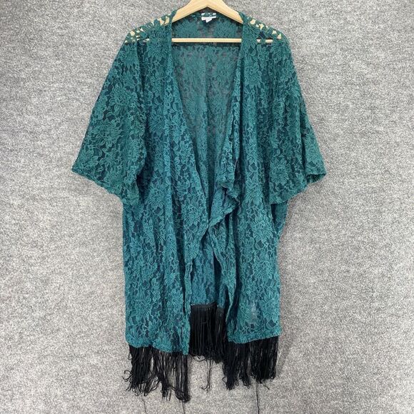 LulaRoe Top Women L Large Blue Floral Crochet Fringe Short Sleeve Open Front - Picture 1 of 9